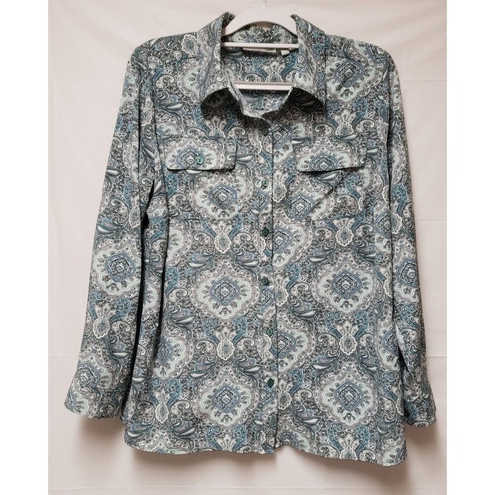 Notations Plus 1X Long Sleeve Button Shirt Sage Multi Paisley Office Casual Top